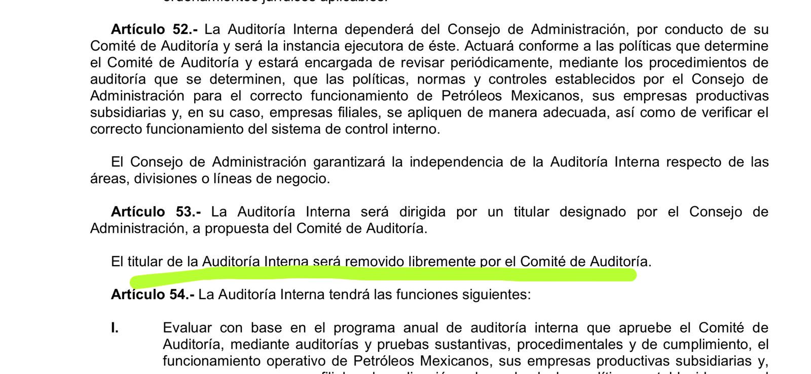 El Comité de Auditoría puede solicitar la remoción del Auditor de Pemex, según la Ley de Petróleos Mexicanos 