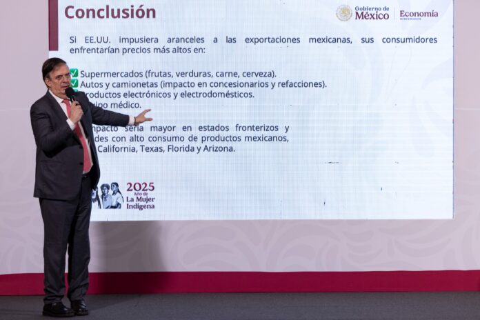 El secretario Marcelo Ebrard advirtió sobre el severo impacto que tendría la imposición de un arancel del 25% a productos mexicanos